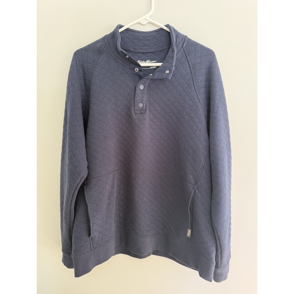 Eddie Bauer 1/4 Snap Pullover Sweater Mens Large Navy Blue Quilted Outdoors